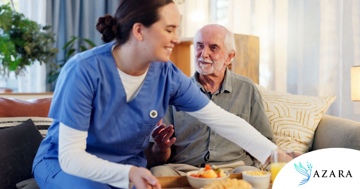 Caregiver providing senior care at home to manage parkinson’s and related symptoms.