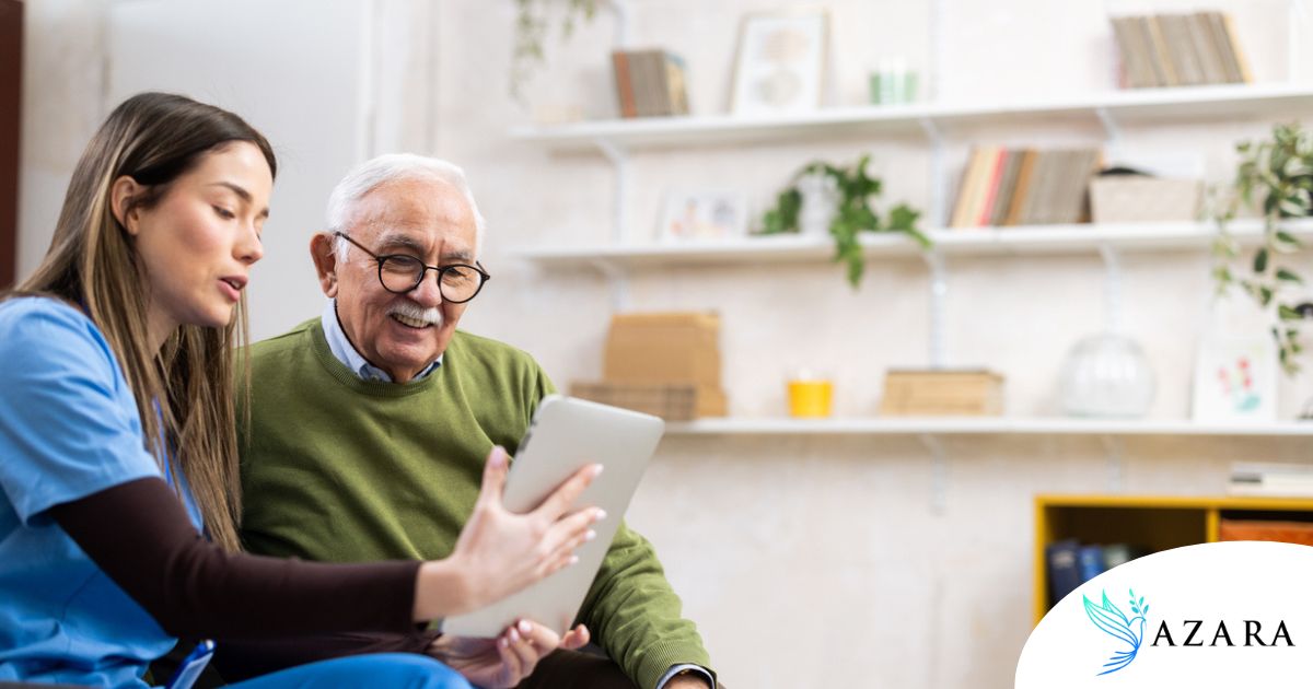Home caregiver assisting senior man to use telehealth and senior care