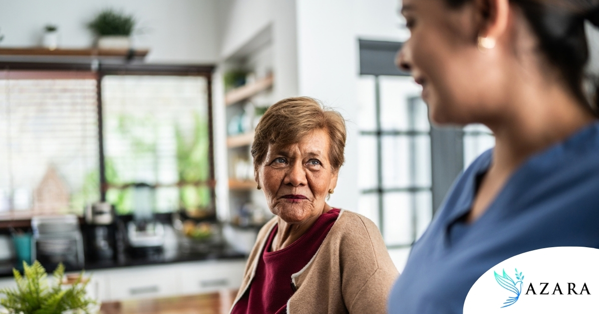 Caregiver provides attentive senior care as part of diabetes awareness